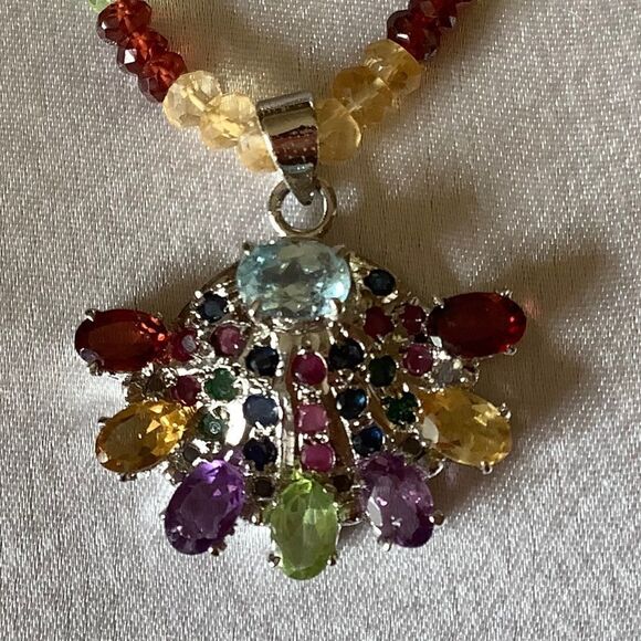 STERLING SILVER 925 MULTICOLORED GEMSTONE NECKLACE/EARRINGS SET - Picture 2 of 5